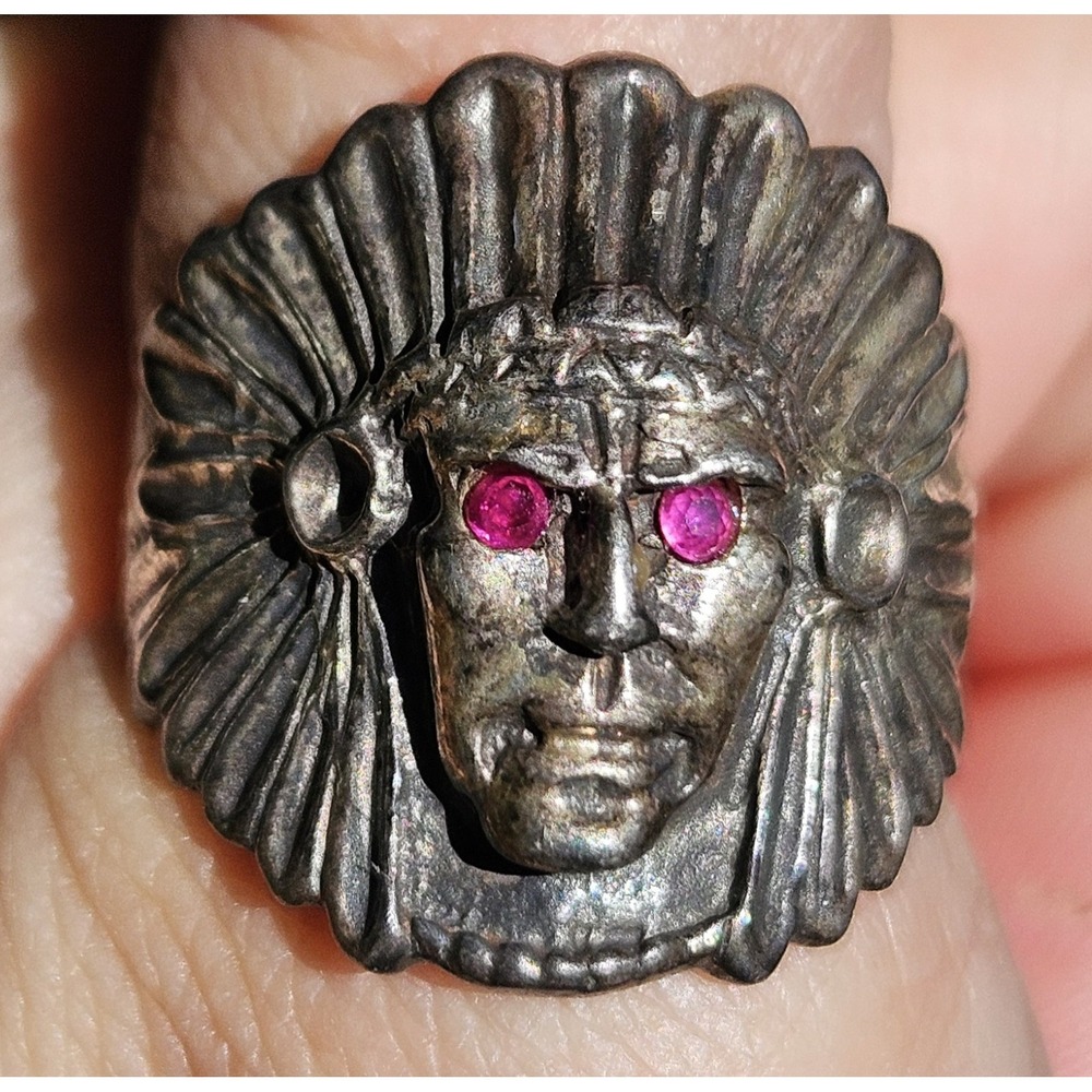3D Chief Head Biker Sterling Silver Men's Ring‎ Ruby Eyes Size 10.75 NA Large